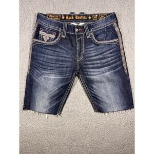 Rock Revival Denim Cut Off Shorts Kort Slim Mens Dark Wash Embroidered Size 34
